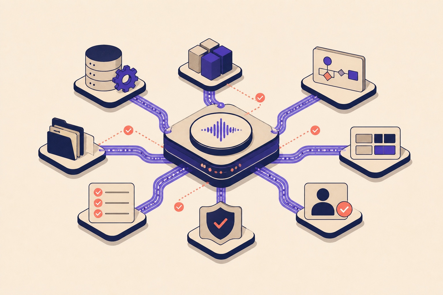 Editorial illustration of connected AI agents coordinating work across a live enterprise production system.