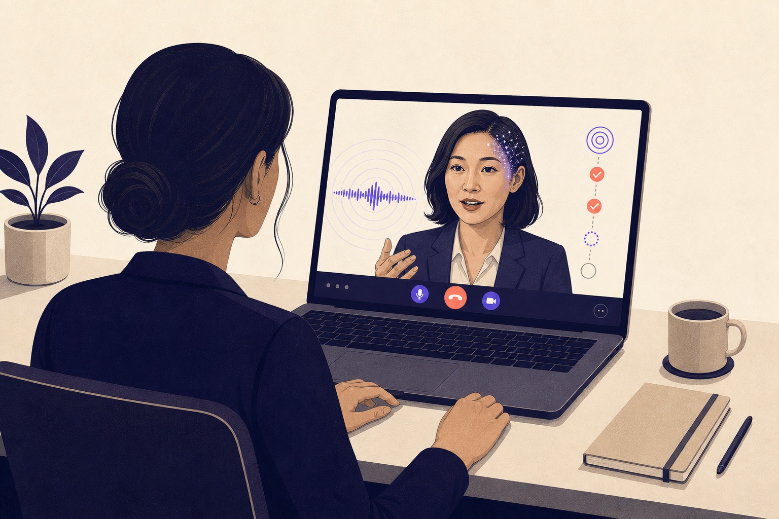 Woman participating in a voice-based AI opportunity audit with an AI interviewer on her laptop.